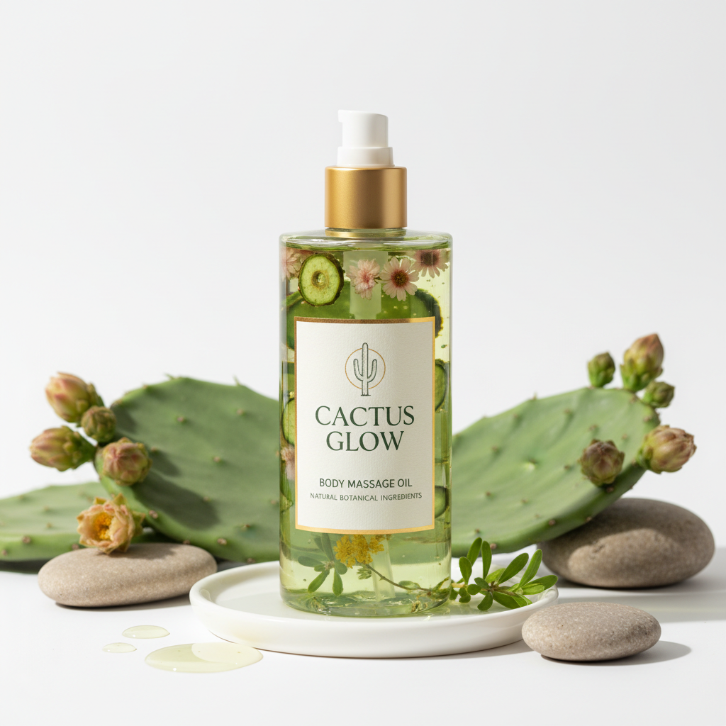 CactusGlow Body Massage Oil - Professional product photography