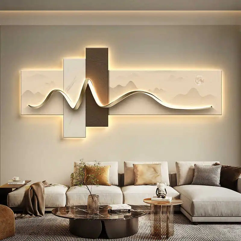 Modern living room with  large abstract wall art piece 