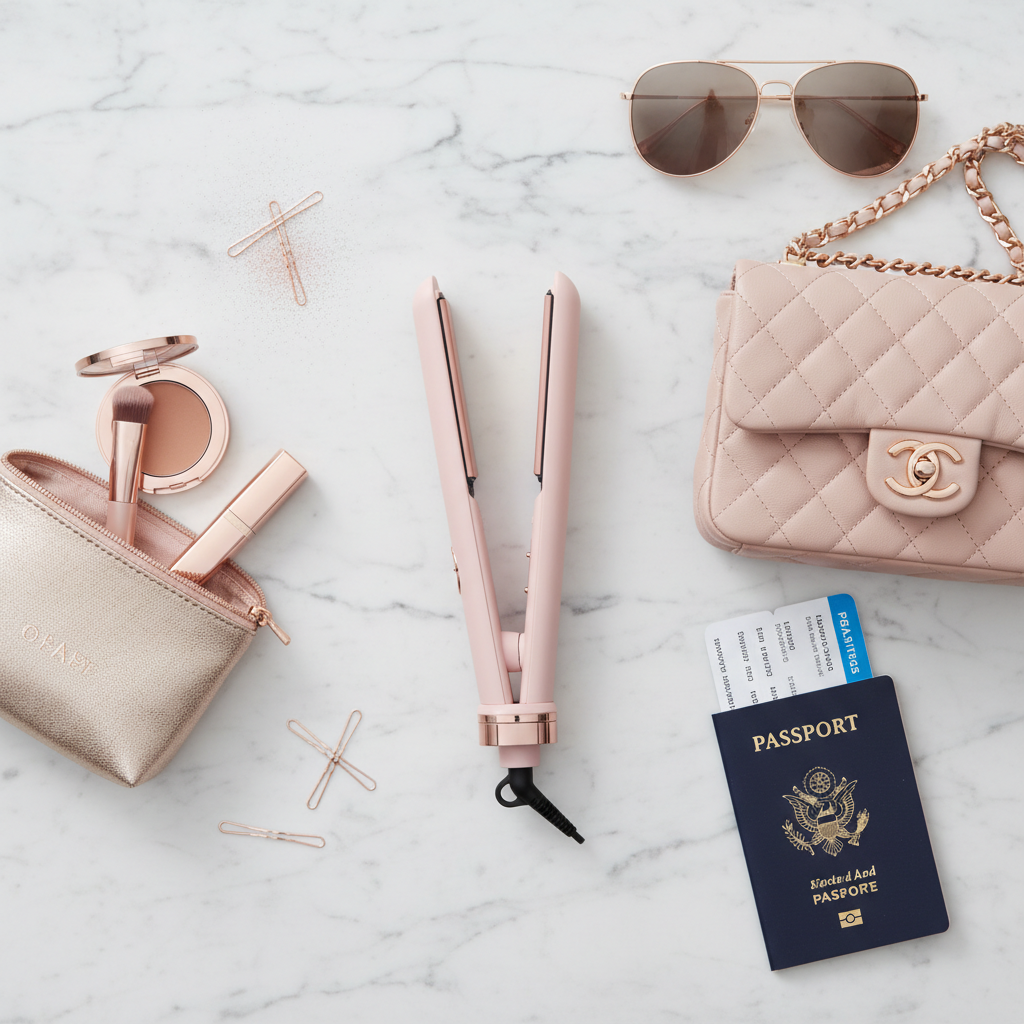 Travel essentials flatlay with mini hair straightener